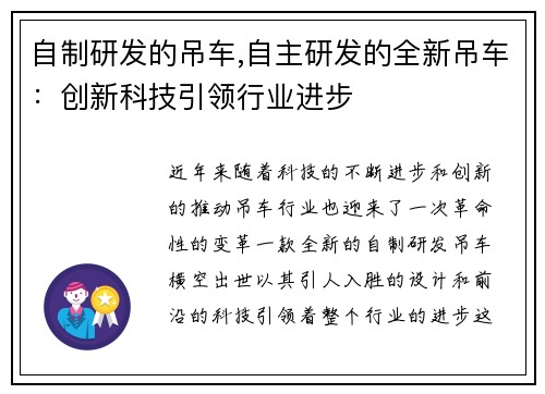 自制研发的吊车,自主研发的全新吊车：创新科技引领行业进步